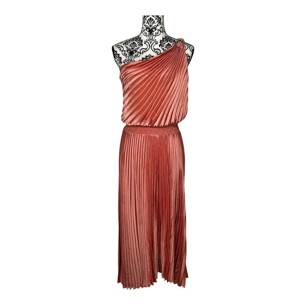 NW/OT White House Black Market One-Shoulder Pleated Midi Dress Peach Dahlia - Picture 3 of 11